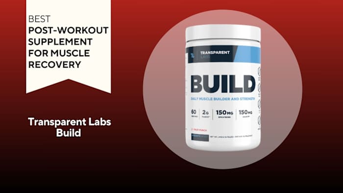 White tub with blue writing that says "BUILD" against a red background